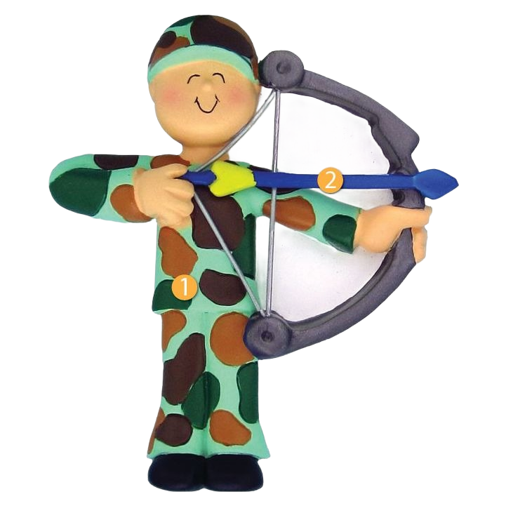 Smiling male hunter ornament dressed in camouflage aiming a bow and arrow in Christmas Ornaments & Tree Decorations collection