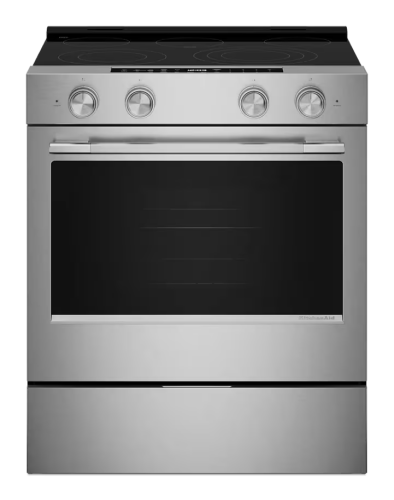 Stainless steel electric slide-in range with convection oven, four control knobs, and smooth cooktop from KitchenAid appliances collection