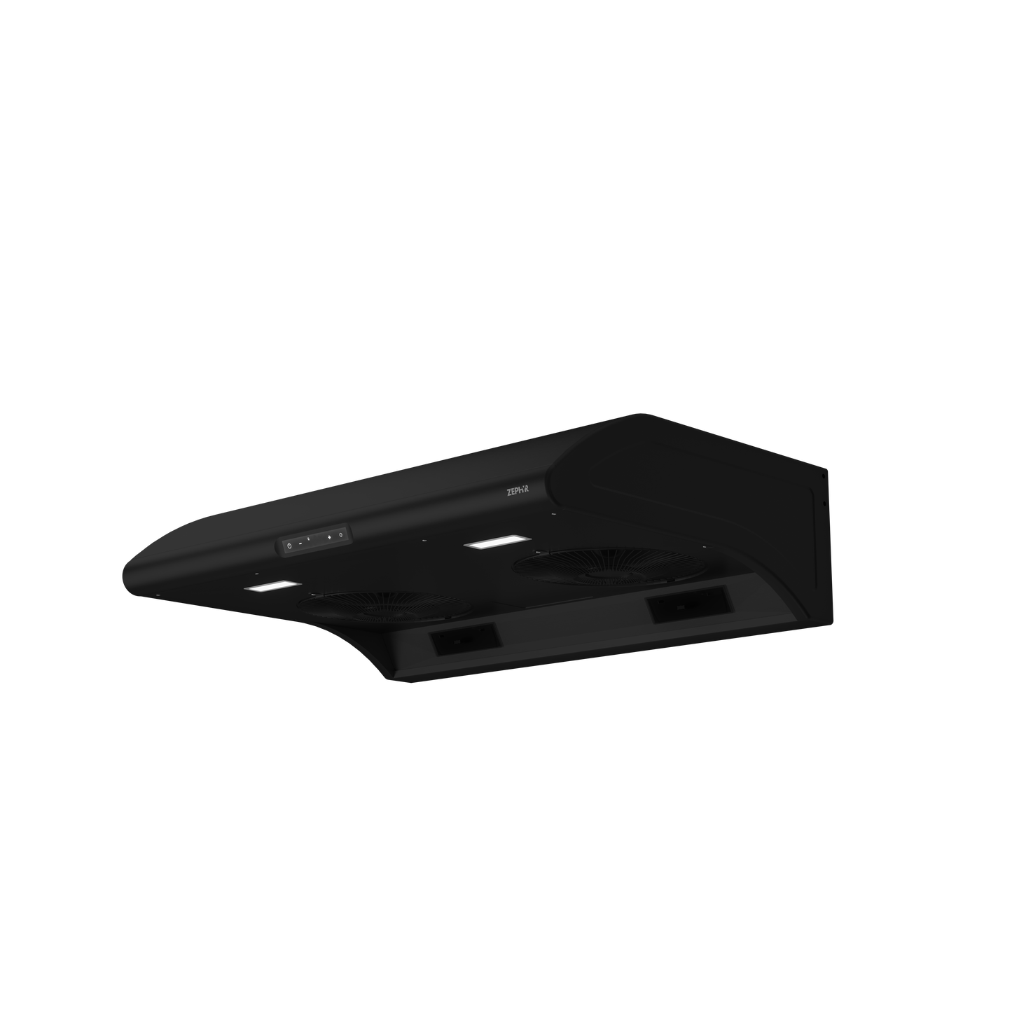 Black under cabinet range hood with LED lighting and dual blowers in kitchen and appliances collection