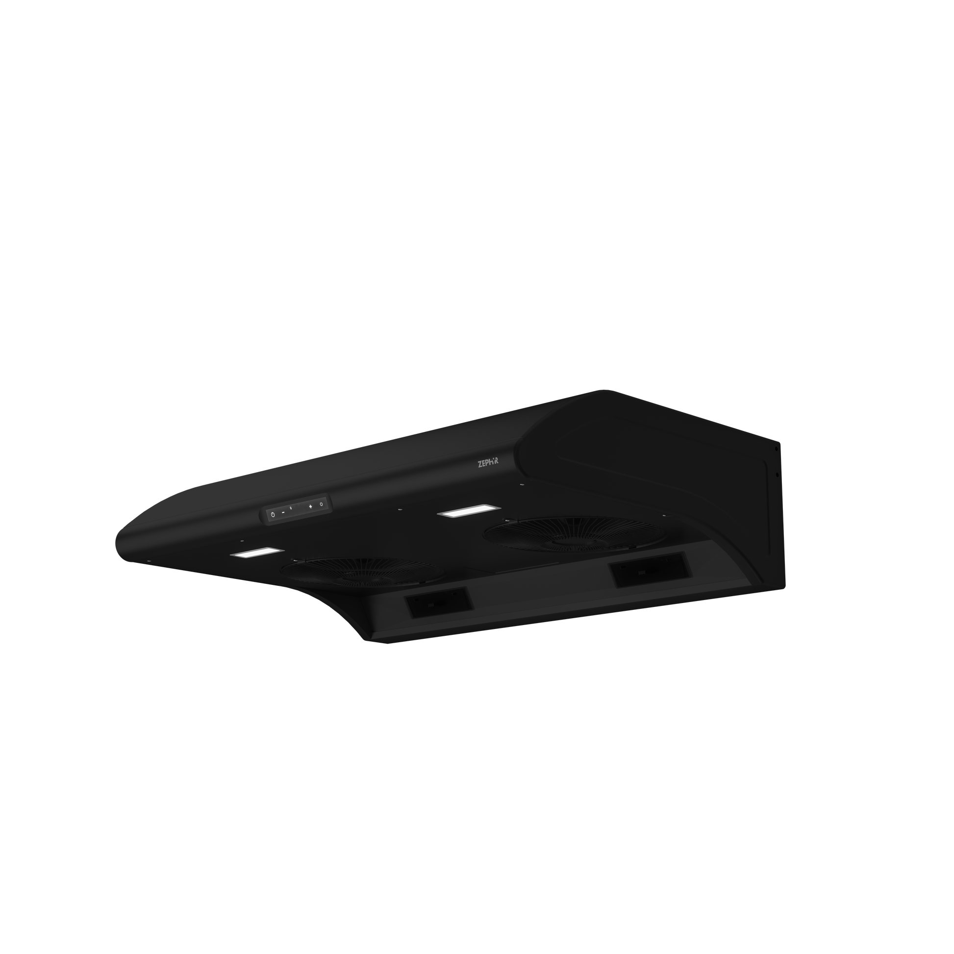Black under cabinet range hood with LED lighting and dual blowers in kitchen and appliances collection