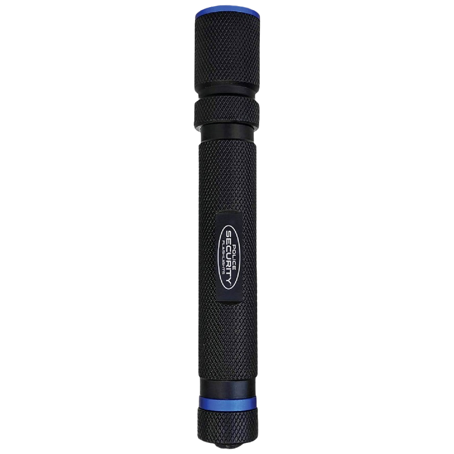 Black textured police security flashlight with blue accents and grip details for tools and home improvement use