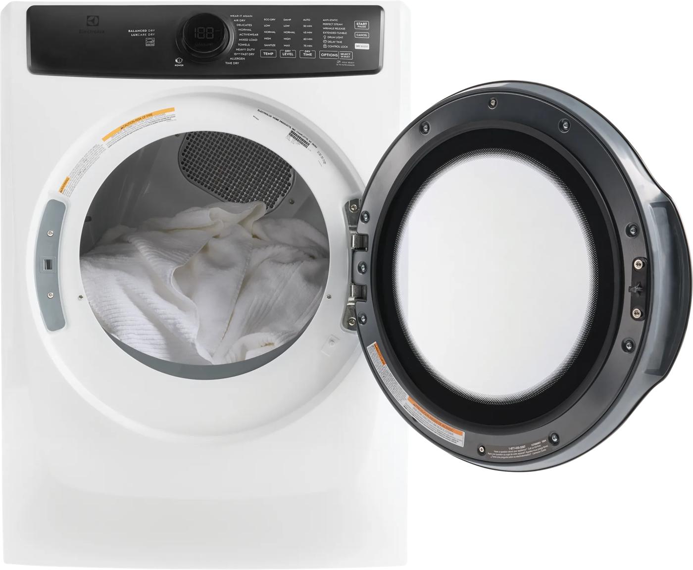 Matte white front load electric dryer with open door, digital control panel, and soft fabric inside from Dryers collection