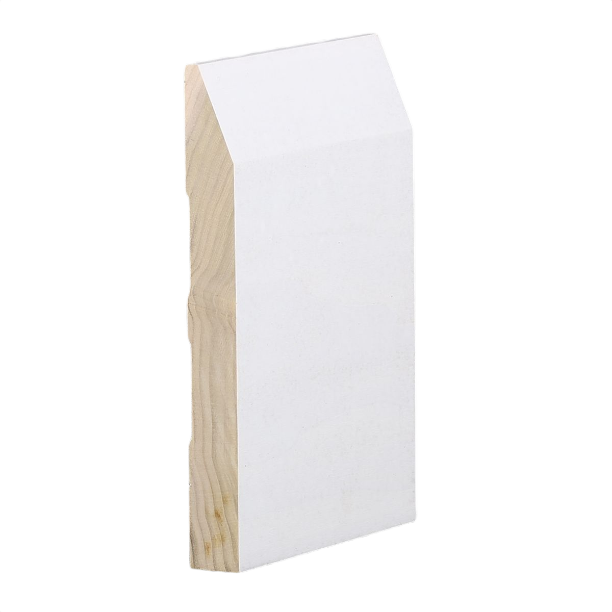 Primed poplar wood baseboard with beveled edge, ideal for moulding and millwork in home improvement projects under $50