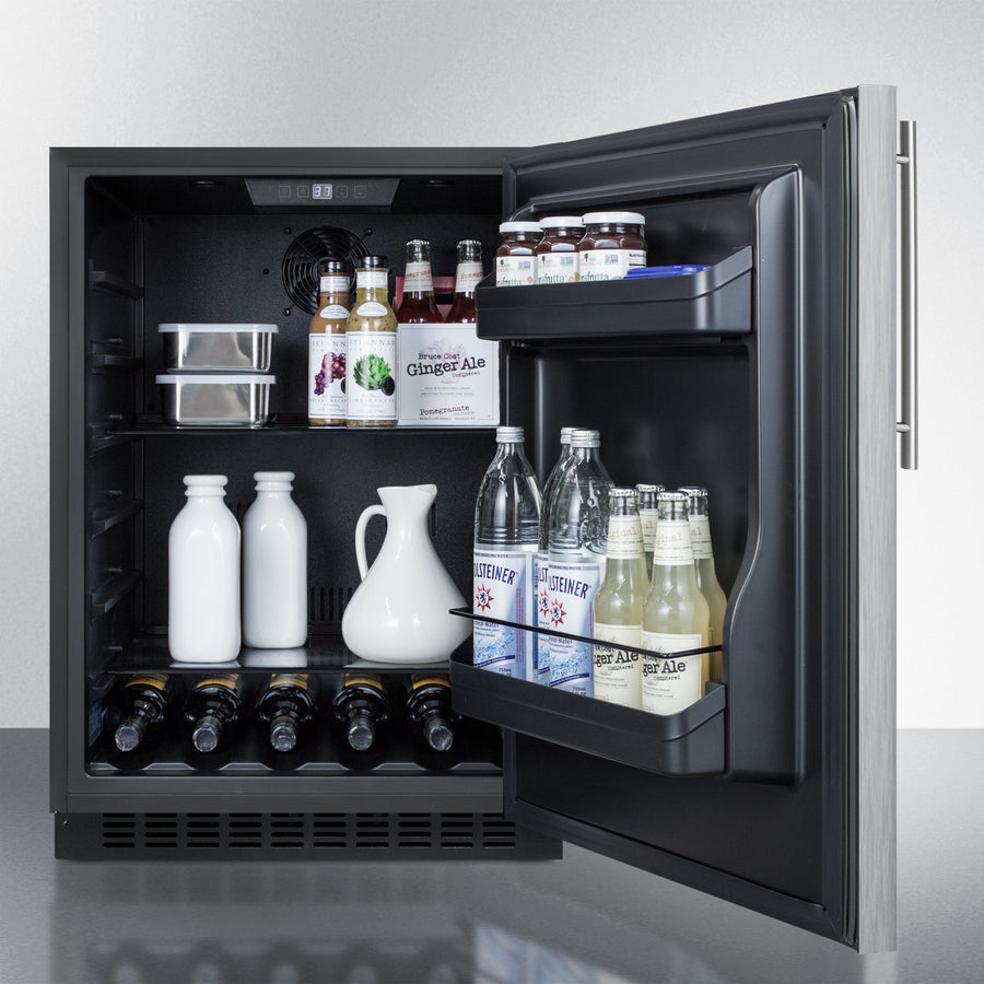 Open 24-inch built-in all-refrigerator with black interior and stocked beverages in refrigerators and kitchen appliances collection