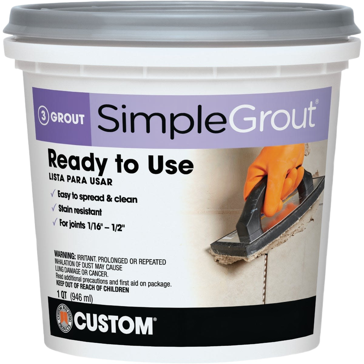 Bucket of natural gray tile grout labeled simplegrout with hand applying grout using a float tool for home improvement tasks