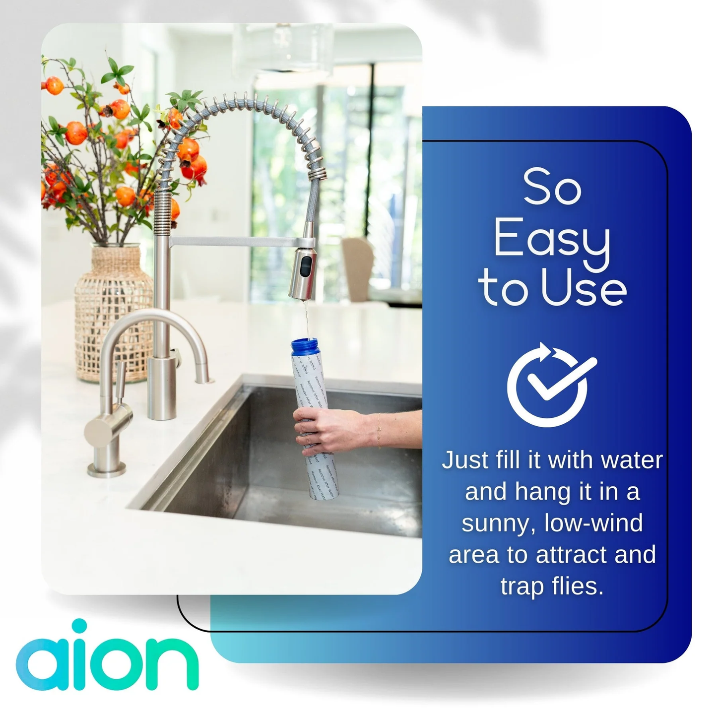 Hand filling a blue fly trap tube with water at kitchen sink for easy outdoor insect and pest control use