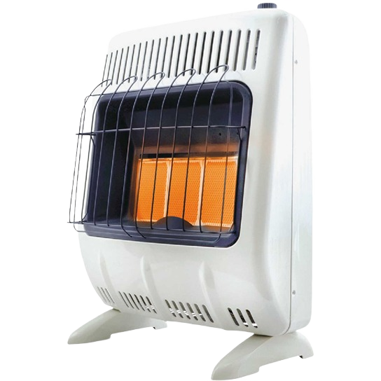 White dual fuel vent-free radiant wall heater with safety grill and glowing heating element in home improvement tools collection