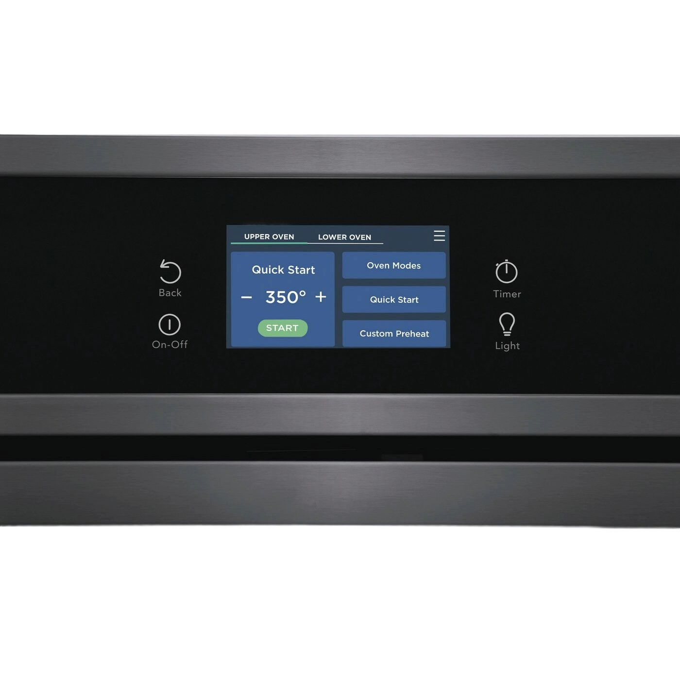 Touch screen control panel showing temperature settings on stainless steel double wall oven in kitchen appliances collection