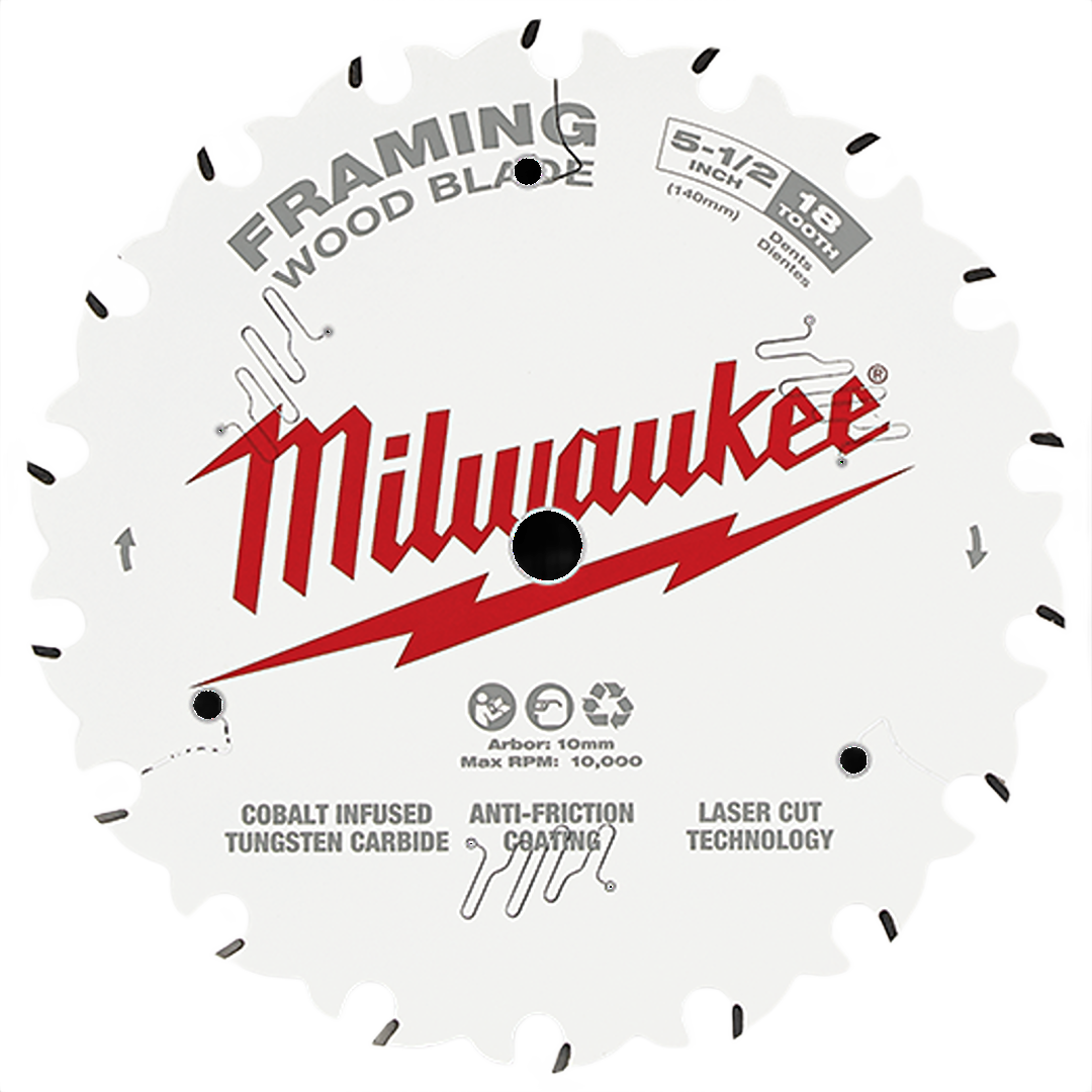 White circular saw blade with red Milwaukee logo, designed for framing and wood cutting in home improvement tasks