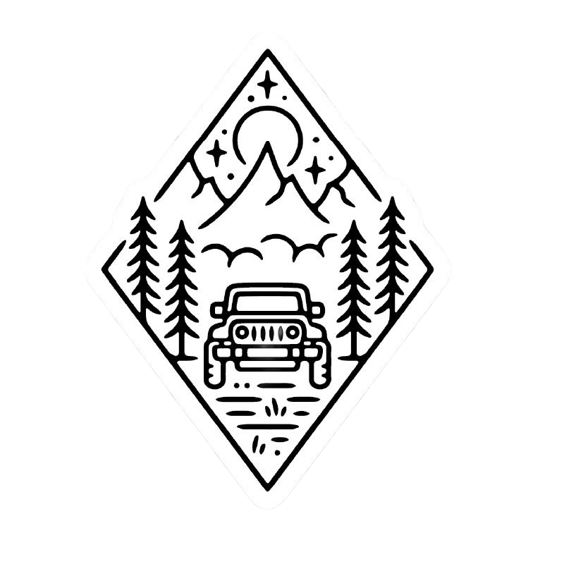 Black and white diamond-shaped sticker depicting a Jeep driving on a trail through pine trees with mountains and stars in the background