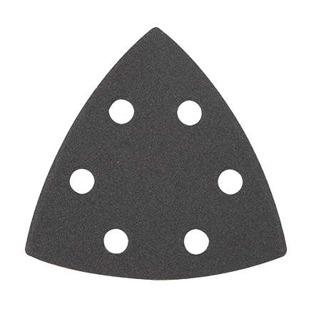 Triangle-shaped 180-grit sanding pad with six dust extraction holes for use with power tool accessories.