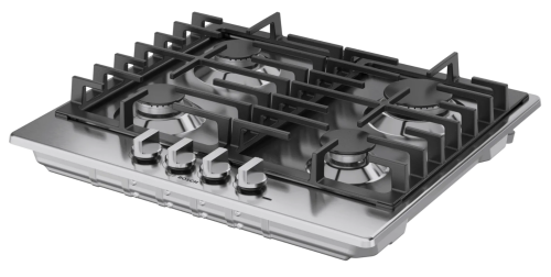 Stainless steel gas cooktop with four high-efficiency burners, porcelain enamel cast iron grates, and metal knobs in kitchen appliances collections