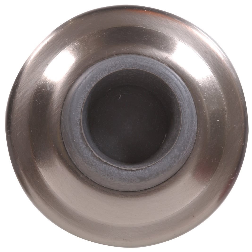 Round satin nickel wall-mounted door stop with rubber buffer for home improvement and tools use
