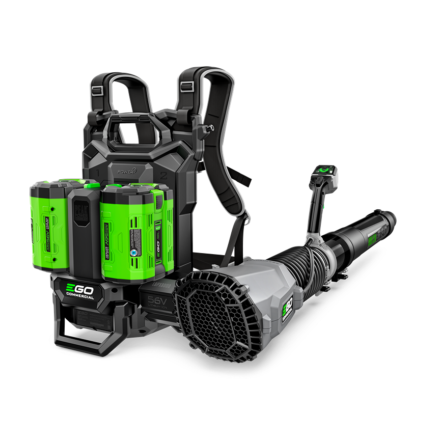 Commercial backpack blower with dual green batteries and ergonomic straps for efficient tools and home improvement use