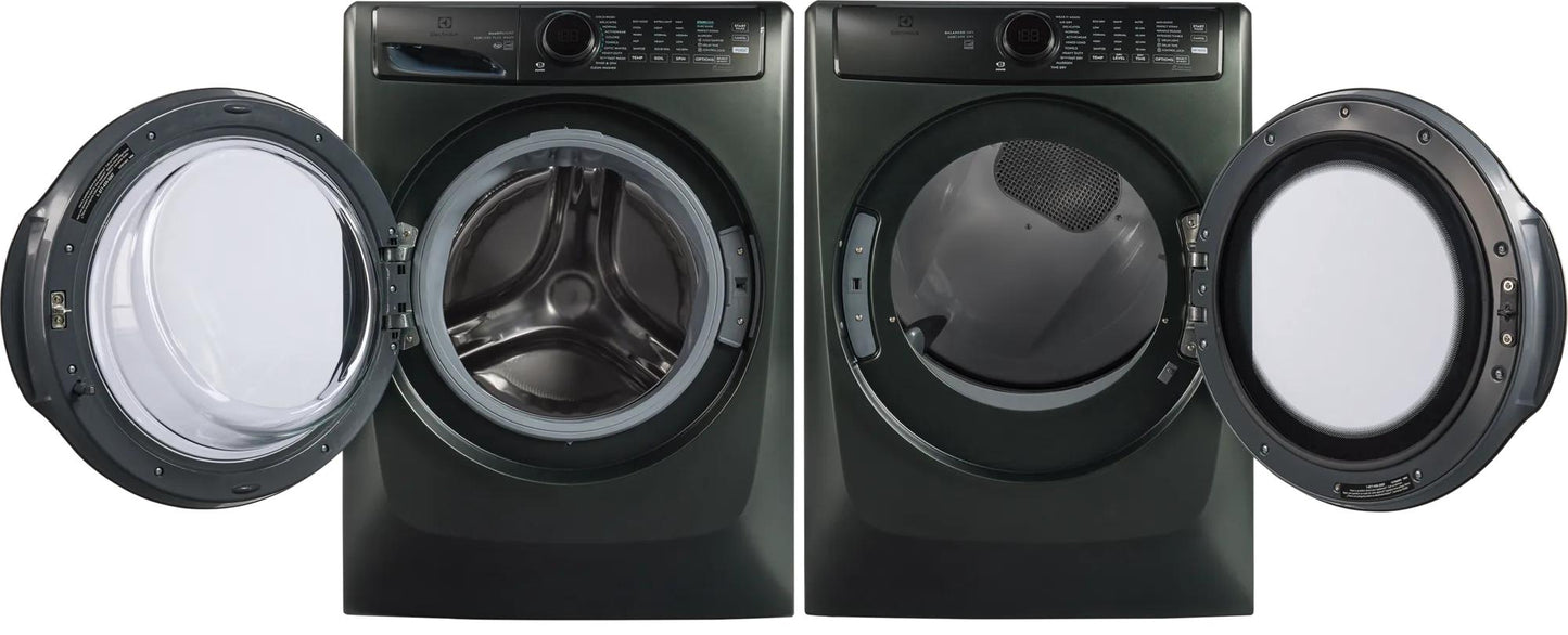 Dark gray front load washer and gas dryer with open doors, featuring digital controls from Appliances and Washers & Dryers collections