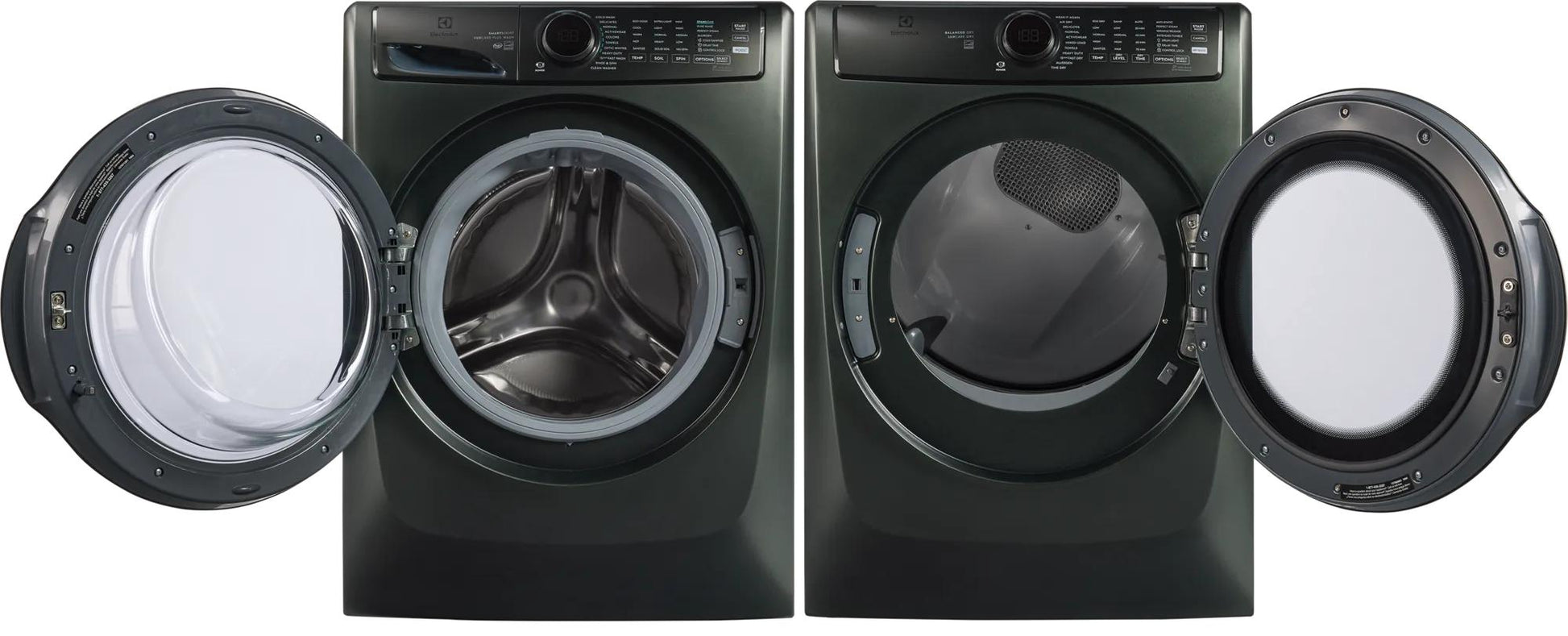 Dark gray front load washer and gas dryer with open doors, featuring digital controls from Appliances and Washers & Dryers collections