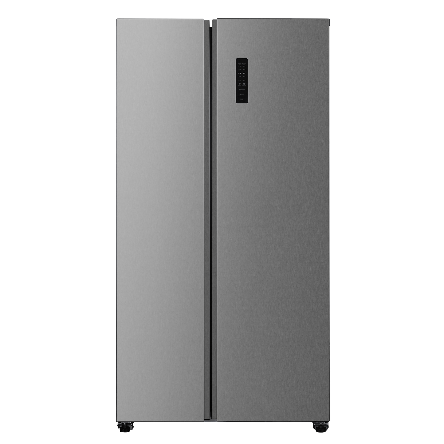 Stainless steel side-by-side refrigerator with digital control panel and recessed handles, ideal for kitchen and appliance collections.