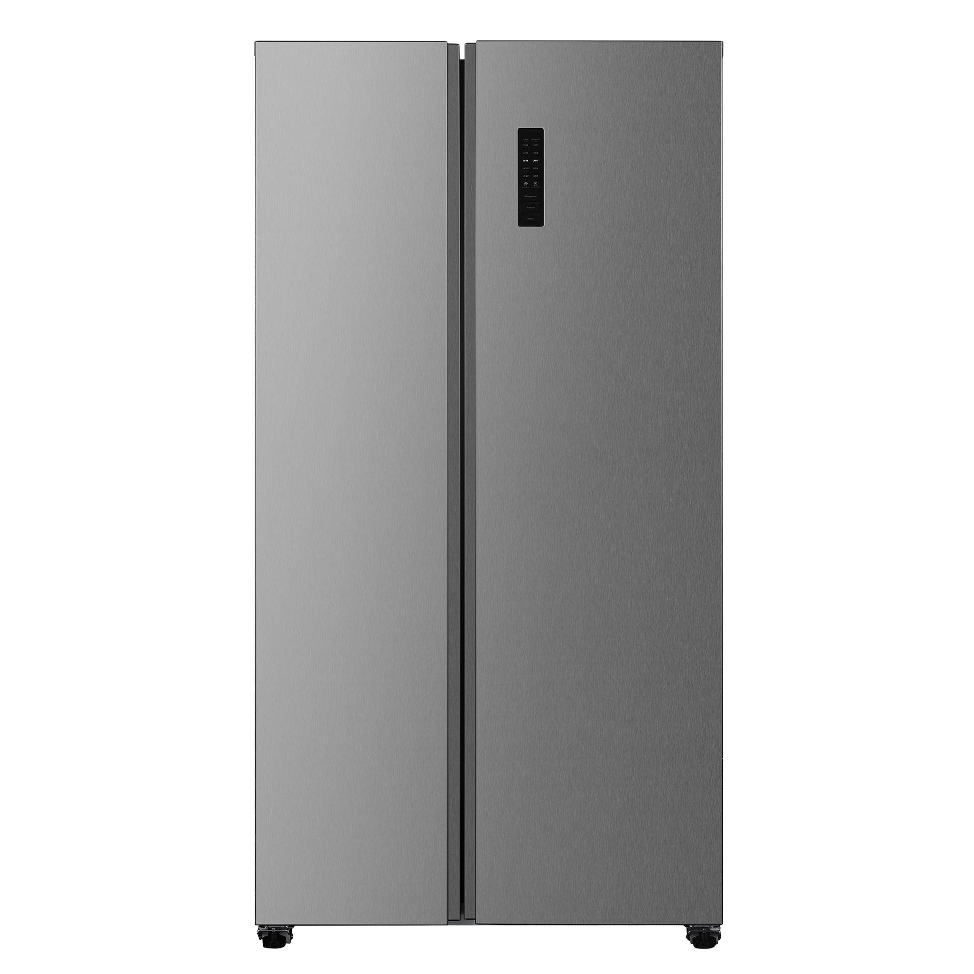 Stainless steel side-by-side refrigerator with digital control panel and recessed handles, ideal for kitchen and appliance collections.