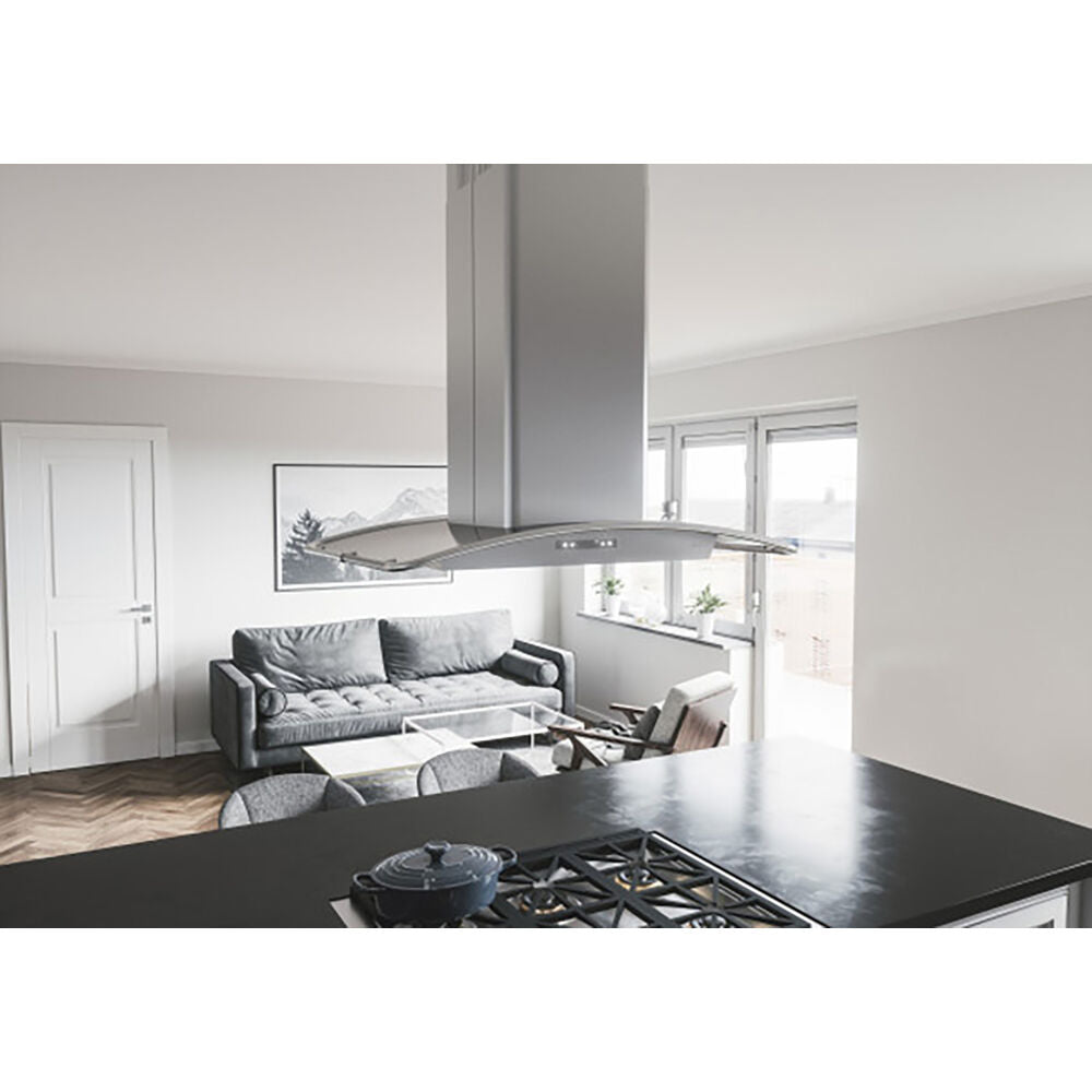 Contemporary stainless steel island hood with integrated LED lighting above black gas cooktop in open kitchen living space