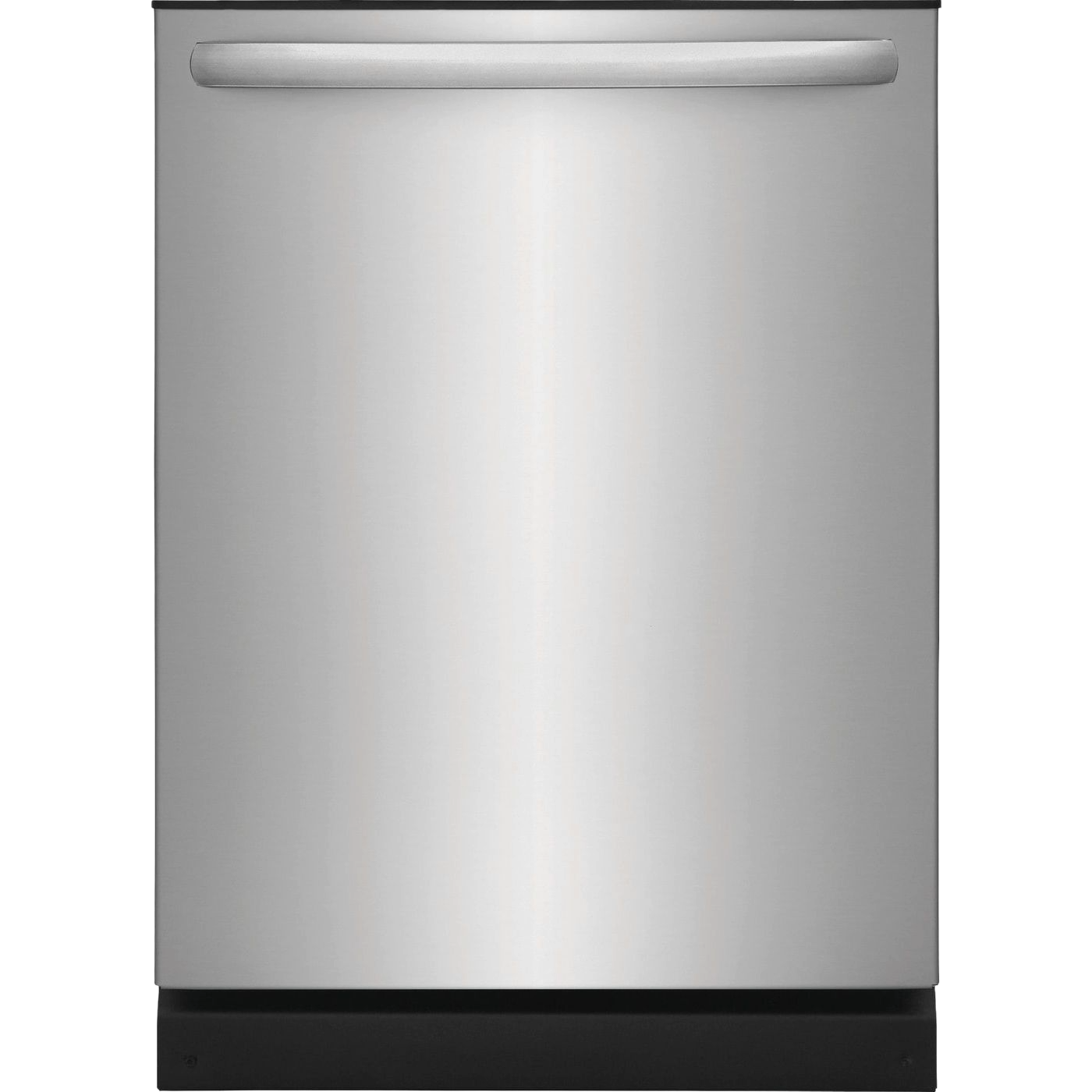 Sleek stainless steel built-in dishwasher with curved handle, ideal for kitchen appliances and home improvement collections