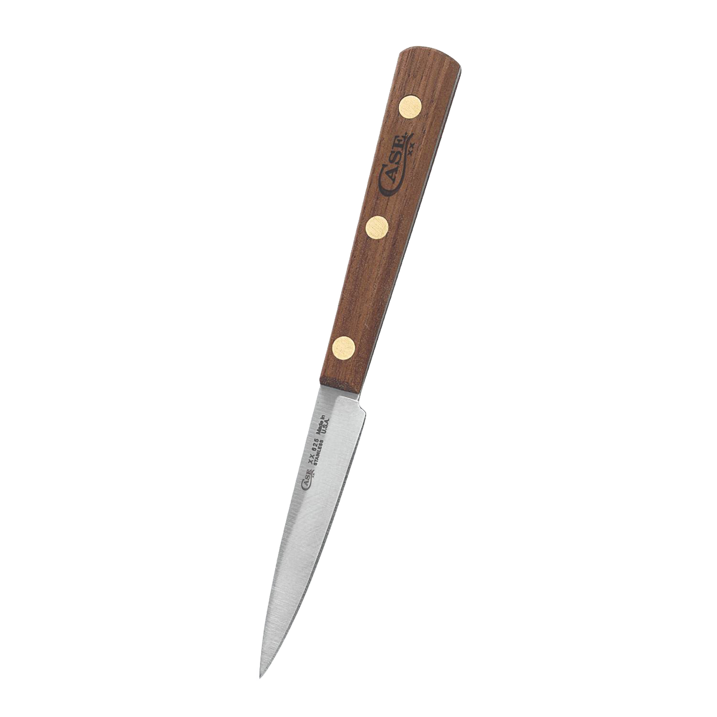 Paring knife with wooden handle and brass rivets, sharp stainless steel blade, ideal kitchen utensil for precise cutting tasks.