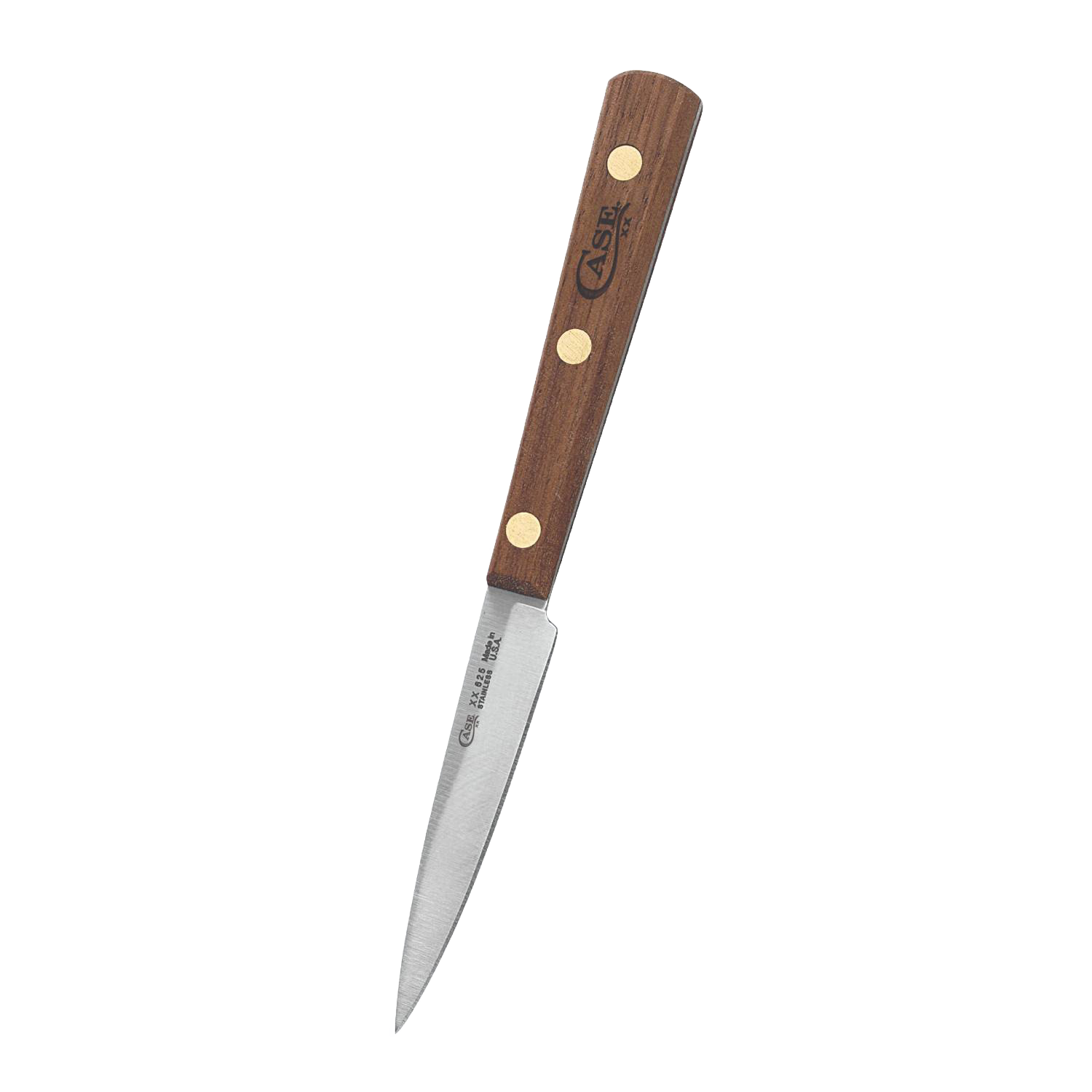 Paring knife with wooden handle and brass rivets, sharp stainless steel blade, ideal kitchen utensil for precise cutting tasks.