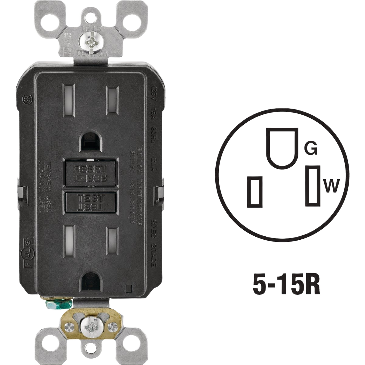 Black commercial grade GFCI electrical outlet with reset and test buttons for safety in home improvement projects