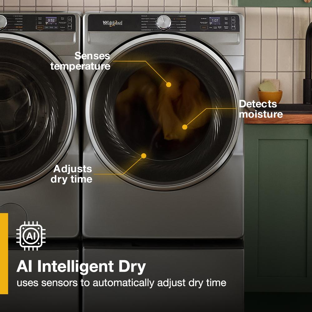Gray smart front load electric dryer with sensor features for moisture, temperature, and dry time adjustment in laundry room