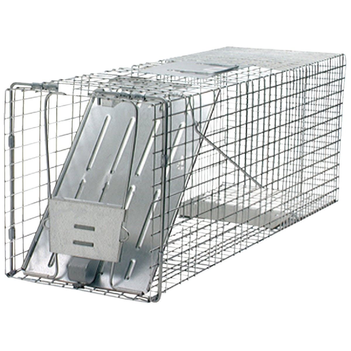 Heavy-gauge galvanized steel live animal trap with spring-loaded door for insect and pest control in lawn and garden use