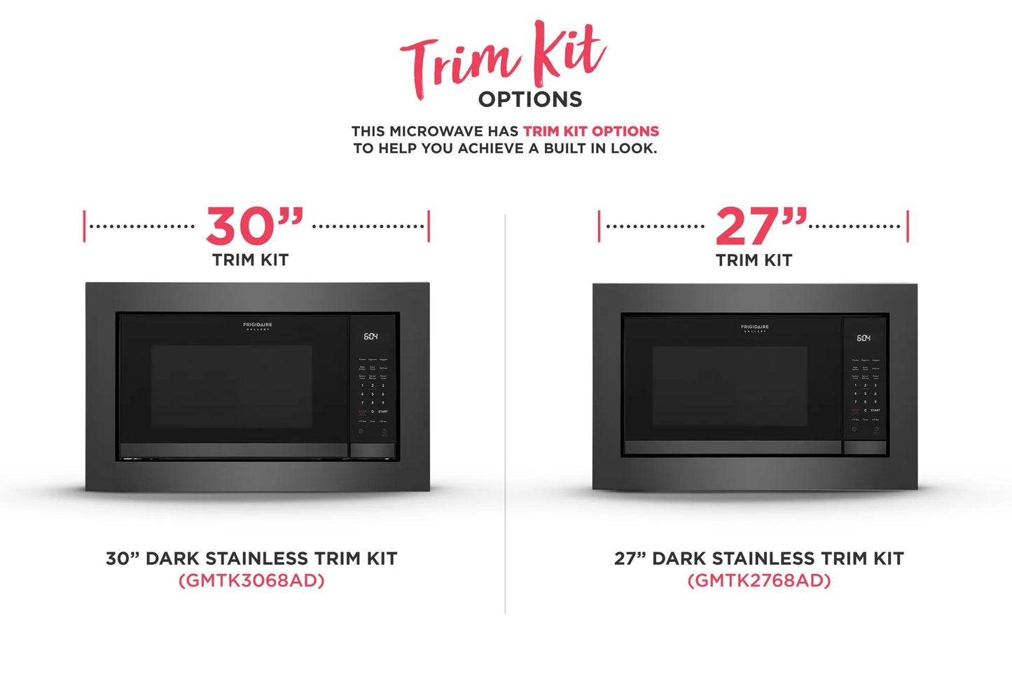 Two built-in microwaves with black digital control panels and dark stainless steel trim kits in 30 and 27 inch sizes