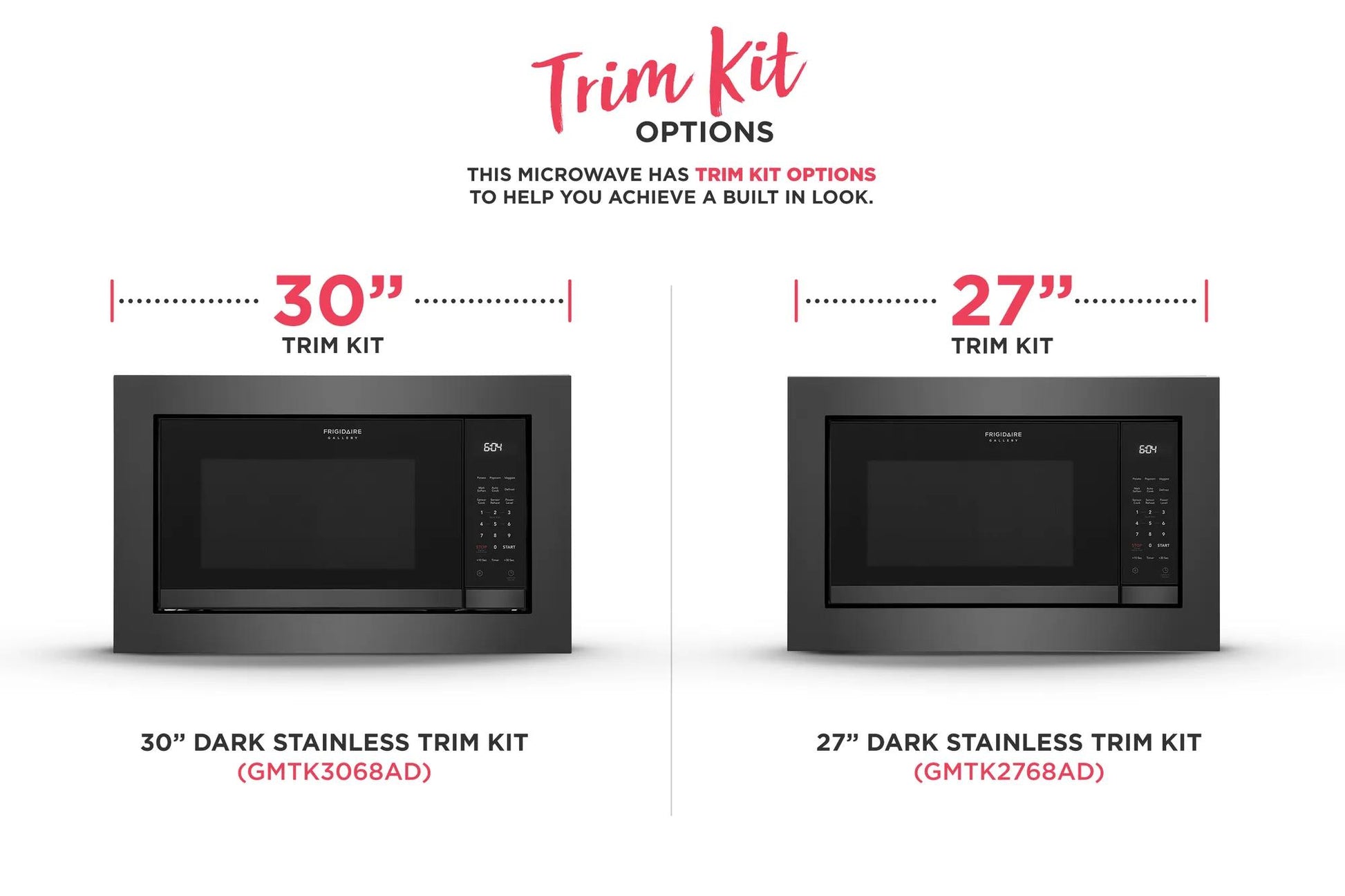 Two built-in microwaves with black digital control panels and dark stainless steel trim kits in 30 and 27 inch sizes