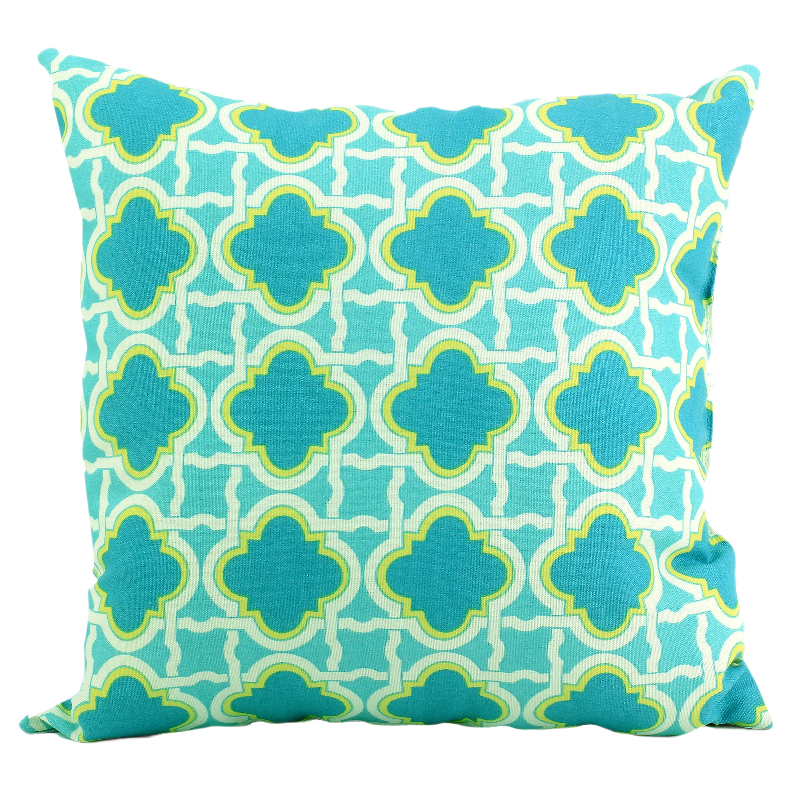 Square outdoor cushion with turquoise and lime green geometric pattern for patio furniture and outdoor living spaces