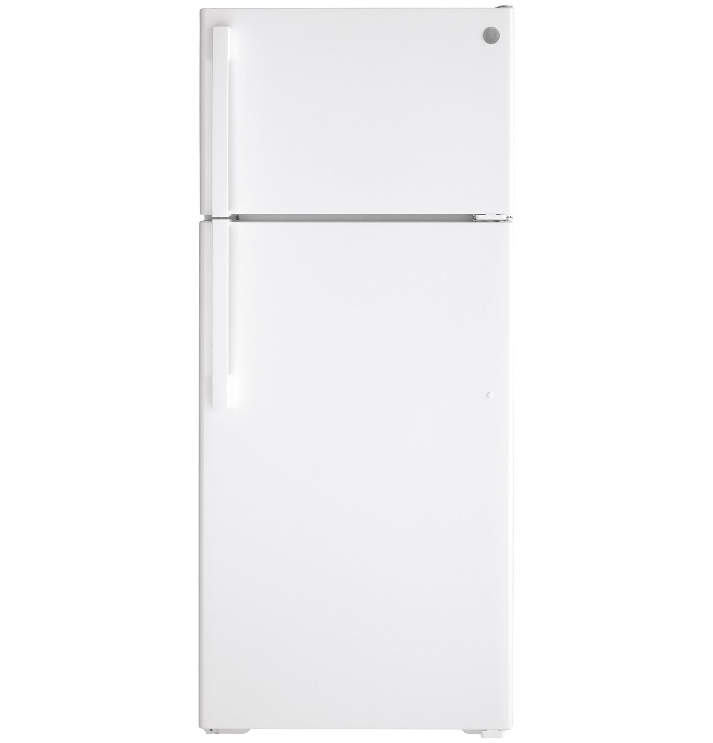 White top-freezer refrigerator with vertical handles, part of appliances and kitchenware collections for home improvement.