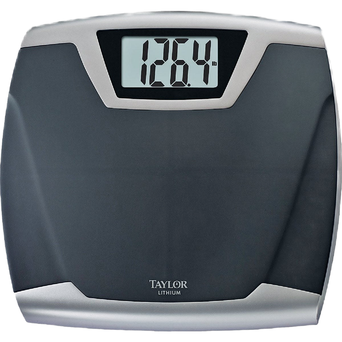 Digital bath scale displaying weight on a large screen with black and silver lithium battery design