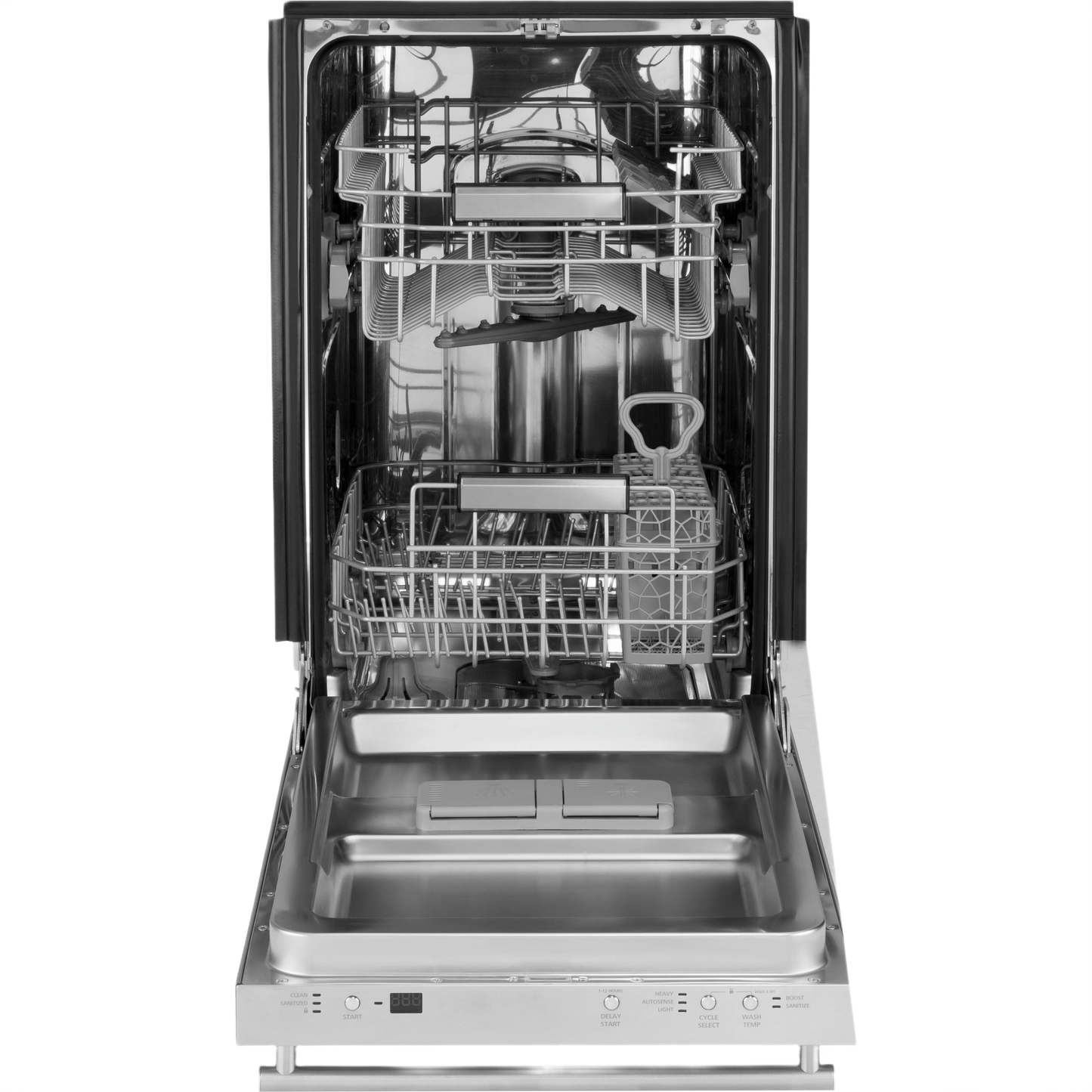 Open 18" panel-ready dishwasher with stainless steel interior and adjustable racks in built-in appliances category