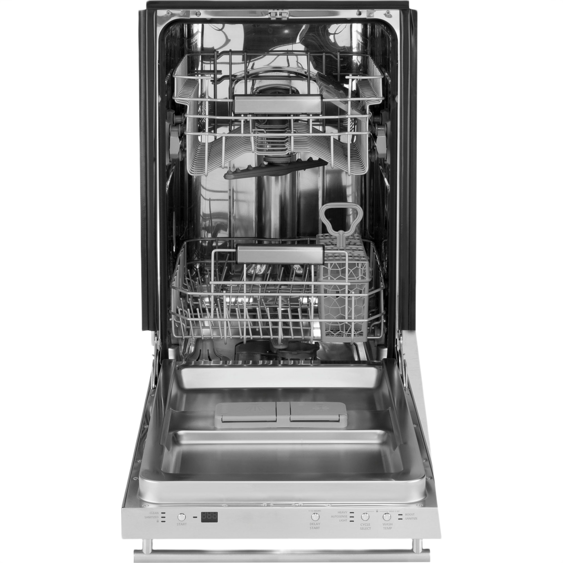 Open 18" panel-ready dishwasher with stainless steel interior and adjustable racks in built-in appliances category