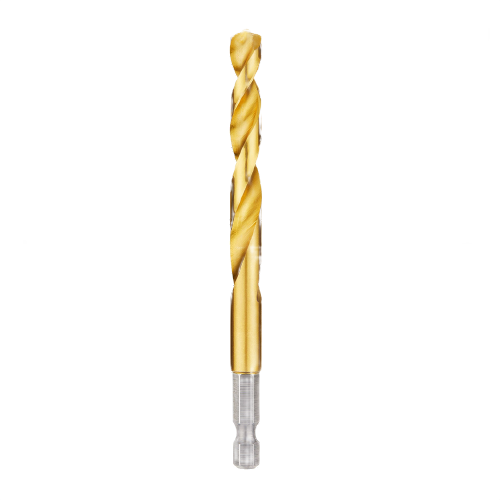 Gold-colored titanium coated drill bit with hex shank designed for durable use in tools and home improvement tasks