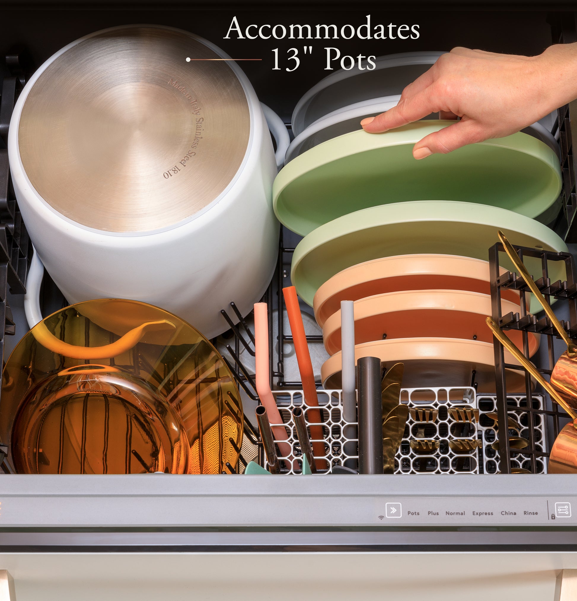 Open white smart single drawer dishwasher loaded with large pots, plates, and utensils in kitchen appliances collection