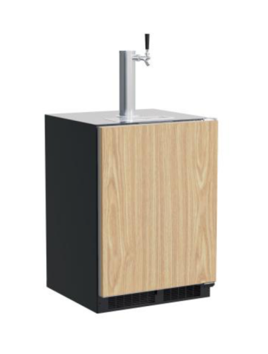 Single beverage dispenser with wooden panel door and tap, designed for kitchen and appliance collections.