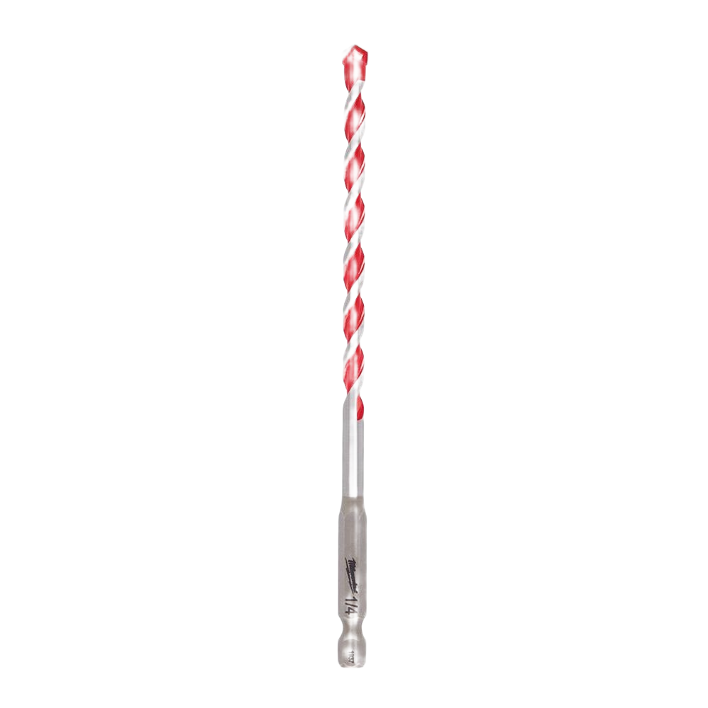 Carbide-tipped 1/4-inch hammer drill bit in red and silver for masonry drilling in Milwaukee tool accessories under $50