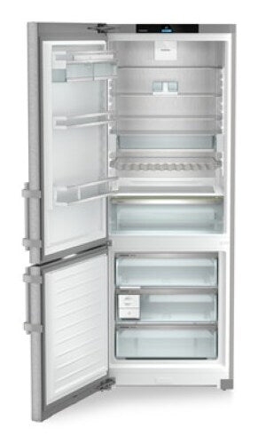 Open freestanding stainless steel refrigerator freezer with spacious adjustable shelves and clear crisper drawers in Appliances collection