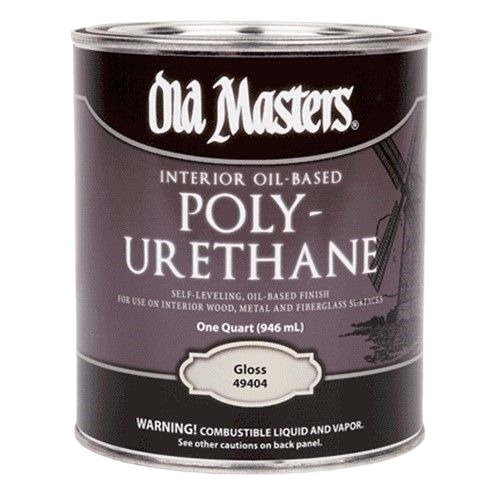 One quart can of Old Masters gloss interior oil-based polyurethane for wood, metal, and fiberglass surfaces finishing