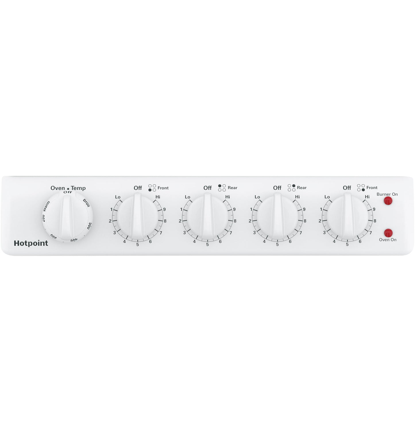 Control panel with five white knobs for oven temperature and burner settings on an electric range in kitchen appliances collection