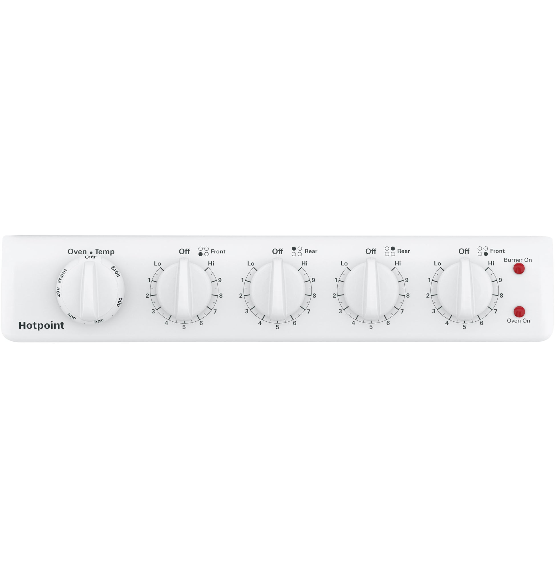 Control panel with five white knobs for oven temperature and burner settings on an electric range in kitchen appliances collection