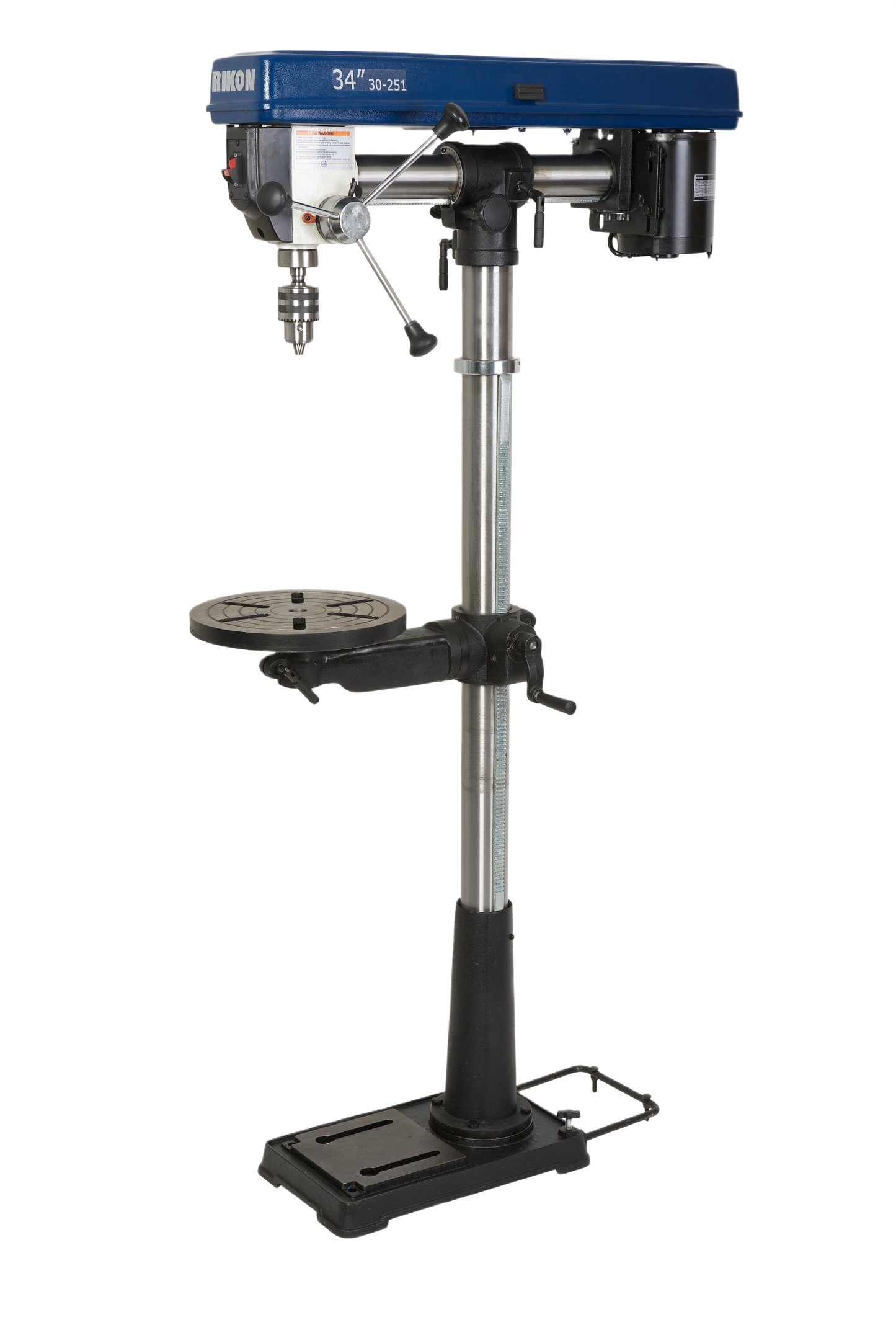 Floor-standing radial drill press with adjustable table and heavy-duty column for precision drilling in tools and home improvement.