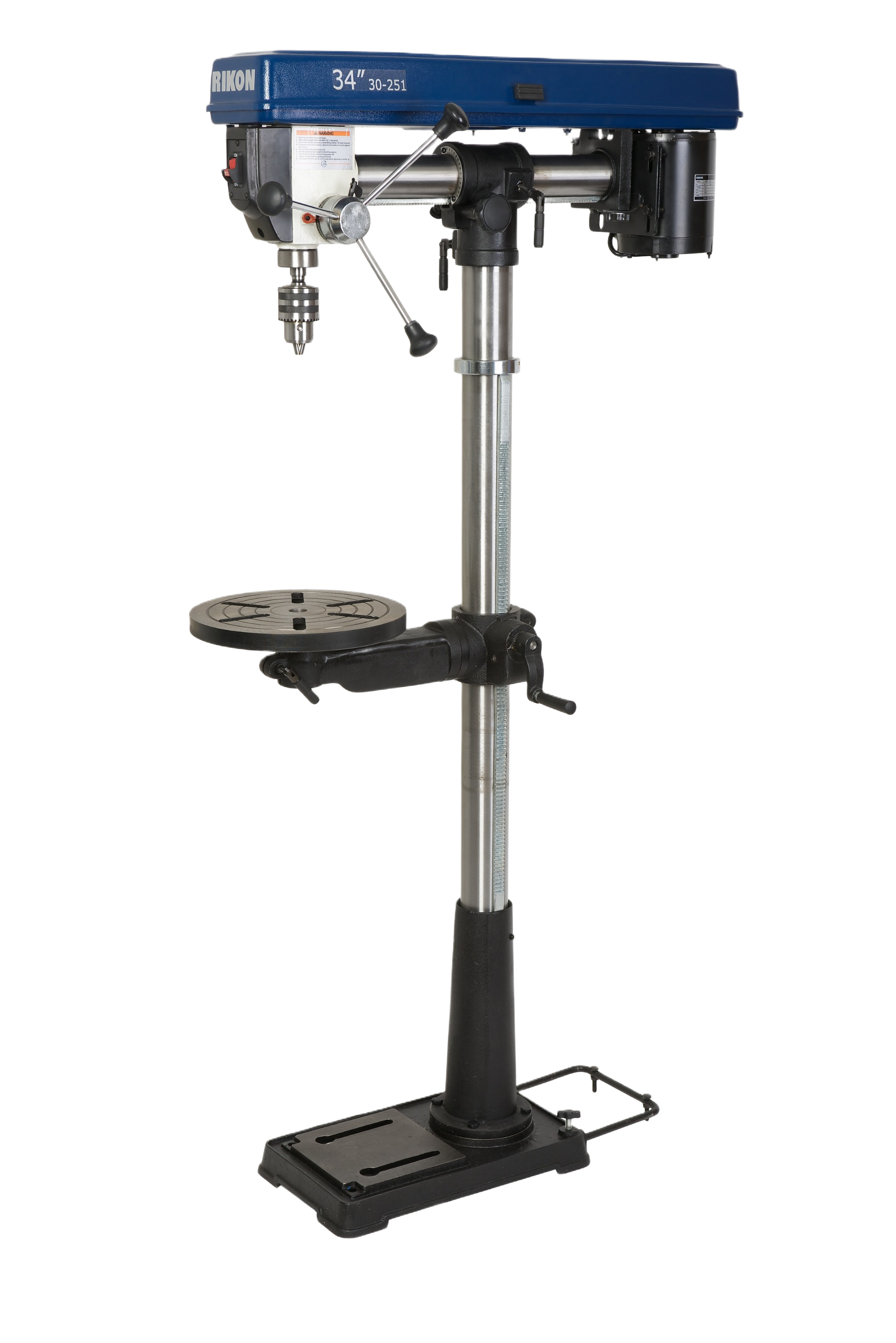 Floor-standing radial drill press with adjustable table and heavy-duty column for precision drilling in tools and home improvement.