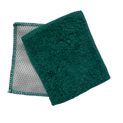 Set of two teal textured scrubber pads with soft fabric front and mesh backing for cleaning tasks