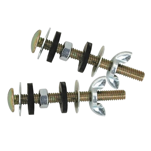 Pair of metal tank to bowl bolts with washers, nuts, and wing nuts for tools and home improvement use