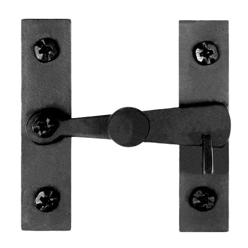 Matte black metal cabinet latch with flat mounting plates and turning lever, included in hardware and home improvement collections