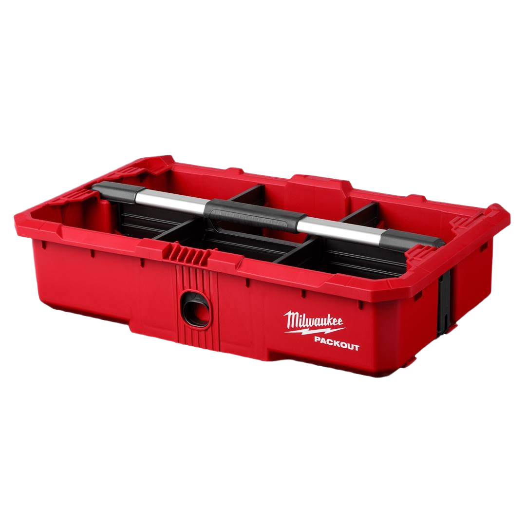 Red Milwaukee PACKOUT tool tray with black dividers and a cushioned silver handle for versatile tool storage and organization